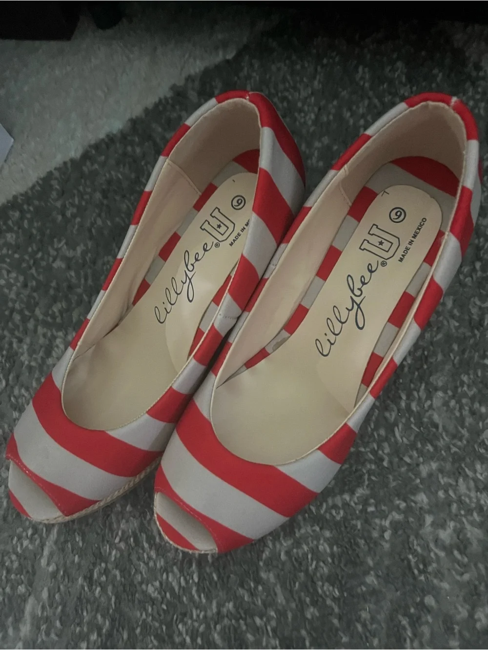 Lilly Bee U Red and Gray Striped Peep-Toe Wedge